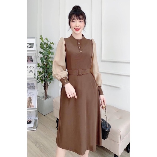 Váy Tiêu thư Nâu Phối Sơ mi  dáng dài phối cổ cách điệu thích hợp mặc đi dự tiệc, đi chơi