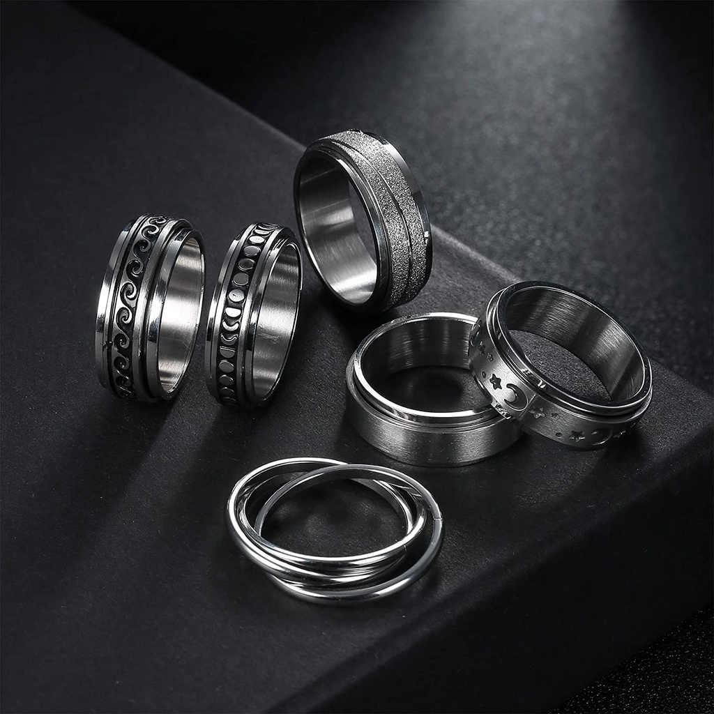 Set 6 Nhẫn Đeo Tay Bằng Thép Không Gỉ Hình Mặt Trăng Ngôi Sao Giúp Giảm Căng Thẳng Size 6