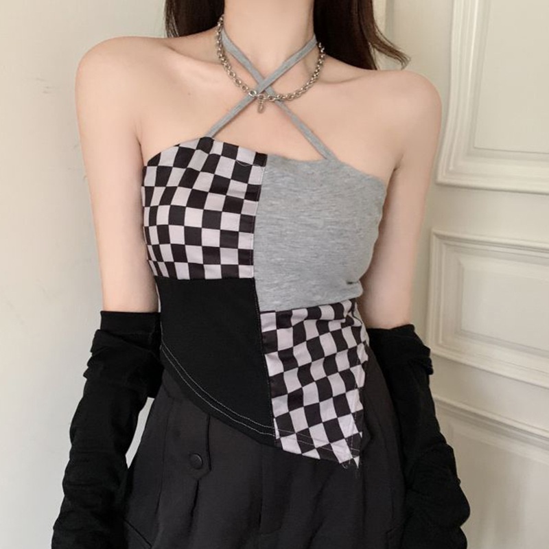 Áo croptop dệt kim không tay dáng ôm in họa tiết caro thời trang cho nữ