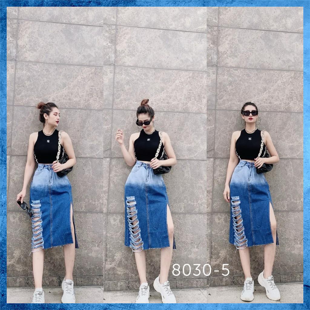 [Jeans nữ thiết kế] Chân váy jeans rách, chân váy bò dáng dài lưng cao túi chéo loang màu. Mã S8135 | BigBuy360 - bigbuy360.vn