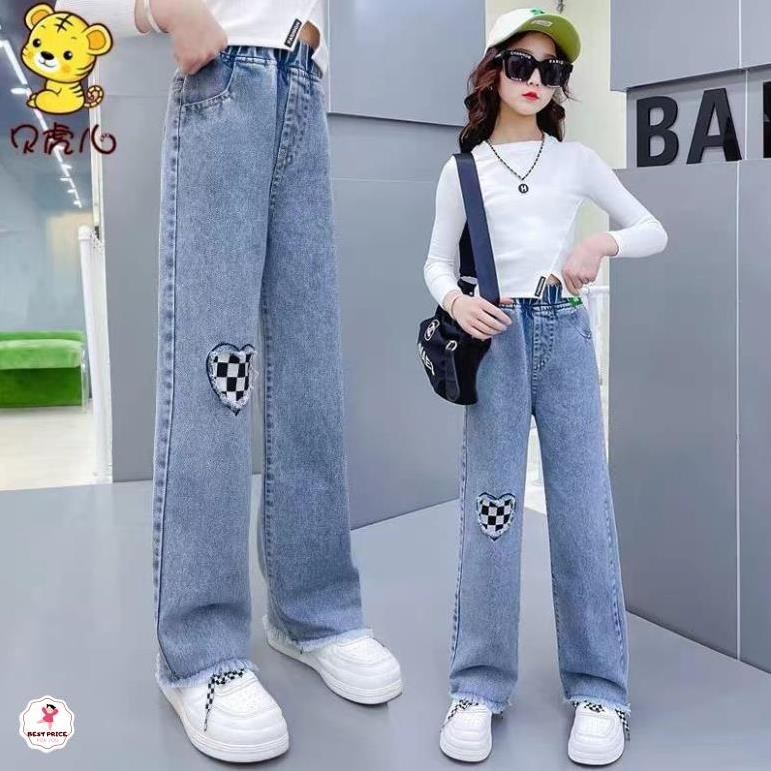 Quần jean rách cho bé gái lớn 3 - 12 tuổi☑️ Quần bò ống rộng☑️ Thời trang bé gái mập 35kg, 40kg, 45kg