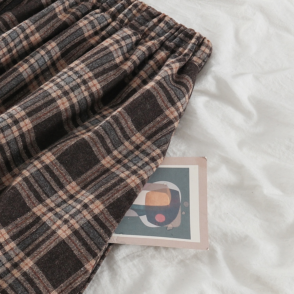 NUZIRO  Chân váy chữ A lưng cao dài đến bắp chân chất liệu len họa tiết sọc caro phong cách retro Hàn Quốc