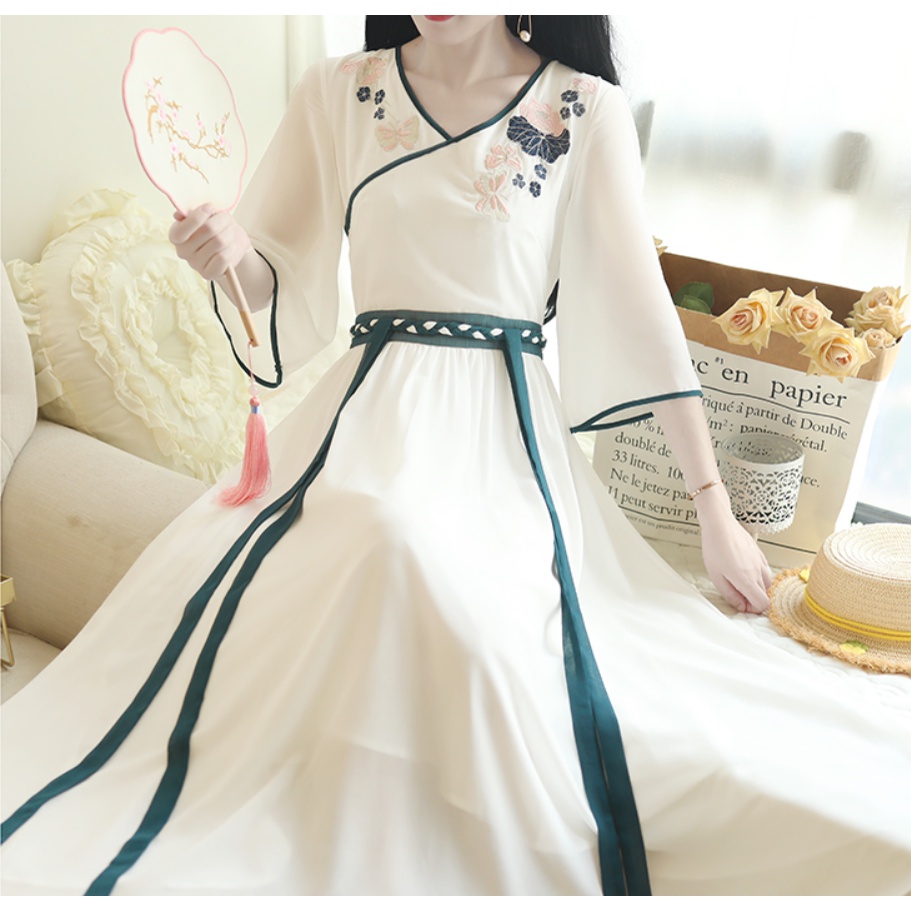 Váy cổ trang cách tân nữ đầm voan thêu hoa hán phục nữ có thắt lưng thanh lịch