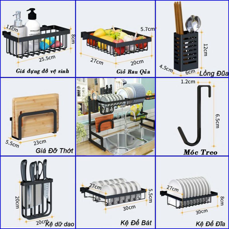 Kệ Để Chén Bát Đa Năng Thông Minh, Giá Để Đồ Chén Đĩa Trên Bồn Rửa Bát Thép Carbon Sơn Đen Cao Cấp