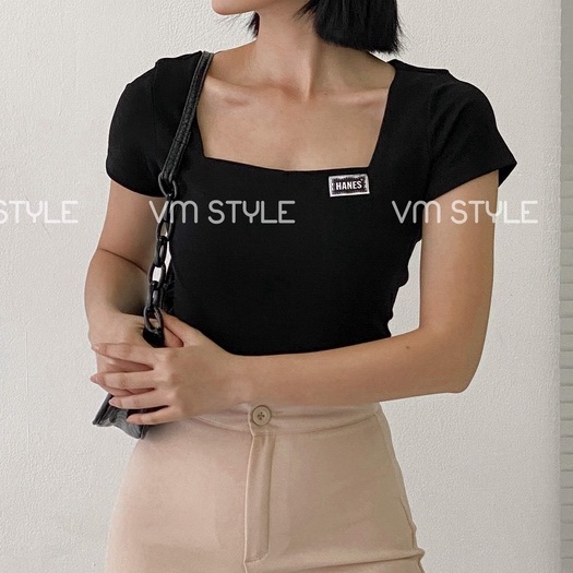 Áo thun tay ngắn cổ vuông thêu HANES ulzzang VM STYLE 22ATU03T370101