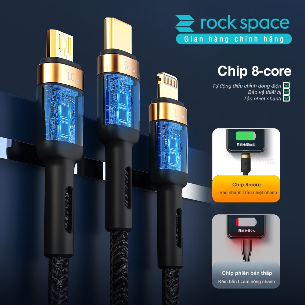 Dây cáp sạc nhanh chính hãng ba đầu Rockspace G18  dây dù, sạc 3 thiết bị cùng lúc, BH 12 tháng