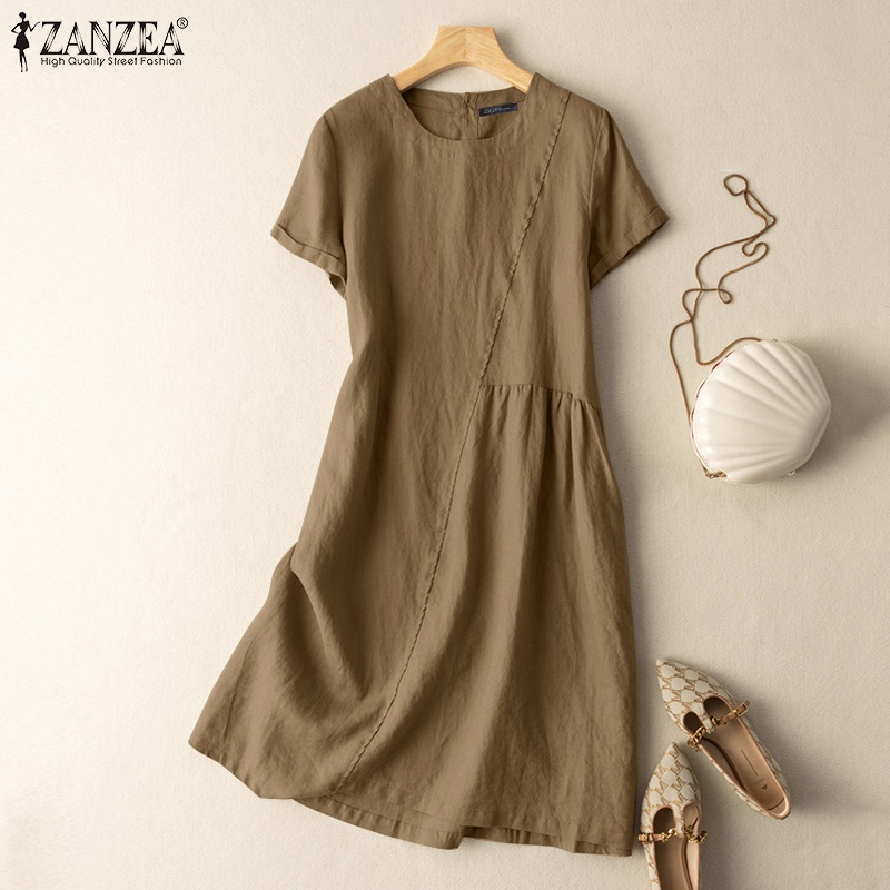 Đầm dài ZANZEA cổ tròn tay ngắn dáng rộng cài nút sau lưng thời trang cho nữ