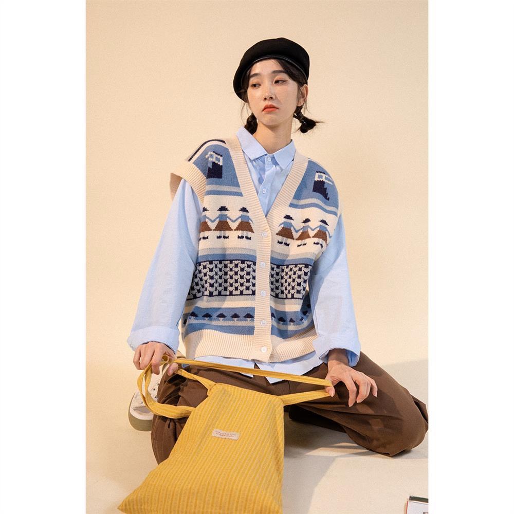Áo gile len nữ Hàn Quốc form suông họa tiết hình người phong cách thời trang cá tính dành cho nữ M43HD | WebRaoVat - webraovat.net.vn