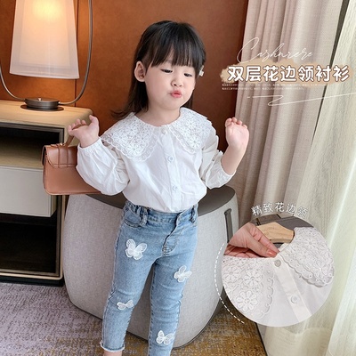 Áo sơ mi cổ bẻ ren hai lớp phong cách Hàn Quốc mới xinh xắn dành cho bé gái