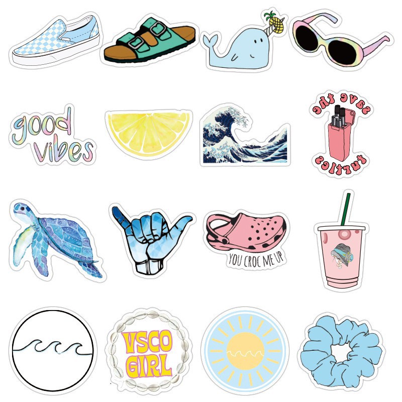 SET 50 MIẾNG STICKER DỄ THƯƠNG CUTE PASTEL HỒNG XANH DƯƠNG VÀNG CHỐNG NƯỚC DÁN NÓN BẢO HIỂM LAPTOP VALI TỦ