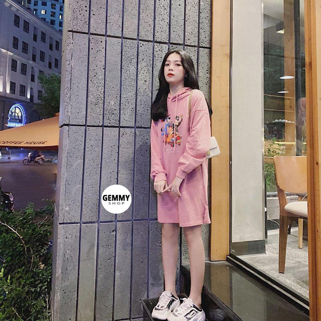 Váy xuông dài, Váy suông bầu thu đông chất nỉ da cá Gemmy House Hoodie mickey