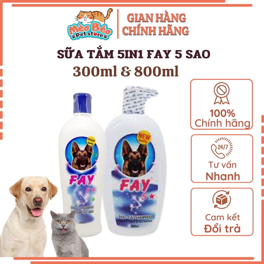 Sữa tắm chó mèo Fay 5 sao - hỗ trợ sạch ve, bọ chét khử mùi hôi - chai 800ml & 300ml