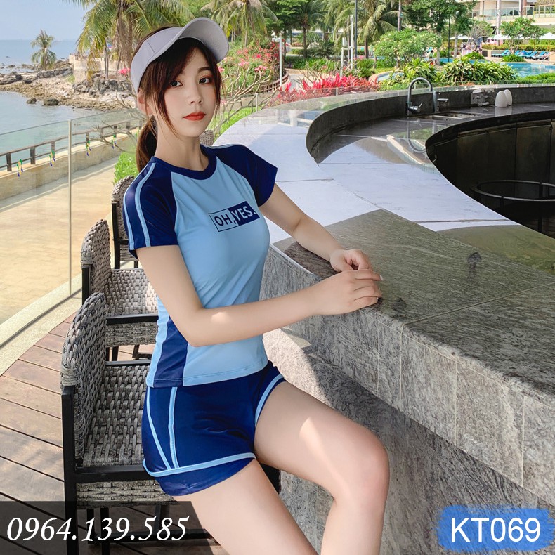 Bộ bơi nữ áo cộc tay, quần sooc đùi thể thao, đệm tròn dễ mặc, chất thun co giãn, dáng năng động, dấu bụng tốt | KT069
