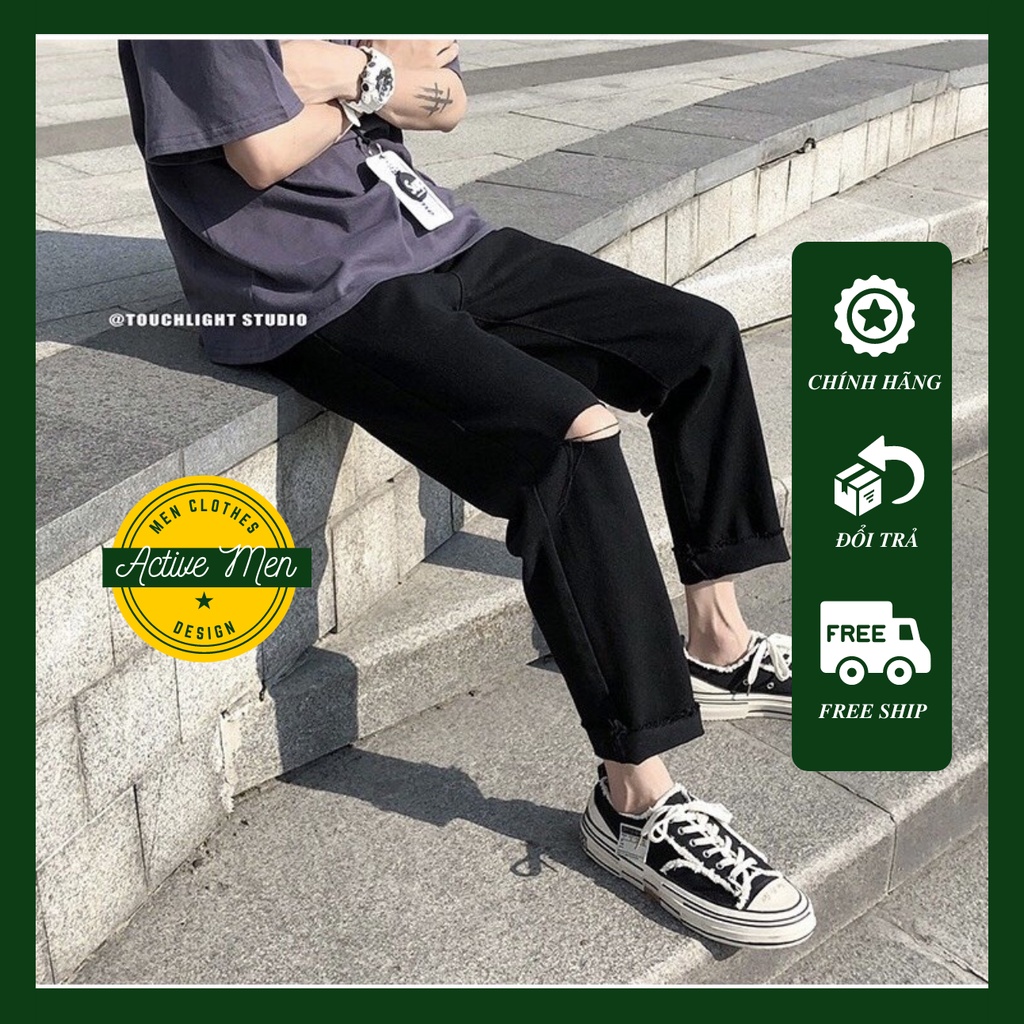 Quần Jean Baggy Nam, Nữ Ống Đứng Rách Gối Phải, Rách Gấu Phong Cách Hàn Quốc Màu Đen, Xanh