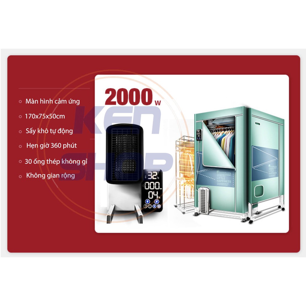 Tủ sấy quần áo 2000W Hàng Hiệu, sấy siêu nhanh màn hình cảm ứng, ion khử khuẩn. Gấp gọn