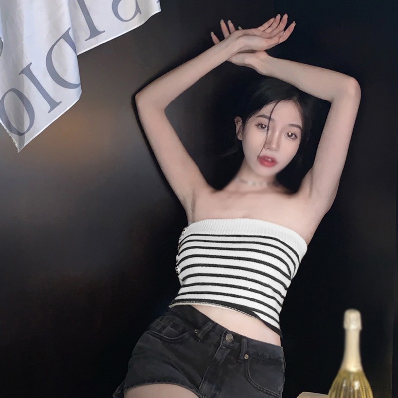 Áo Croptop Dệt Kim Không Tay Họa Tiết Kẻ Sọc Thời Trang
