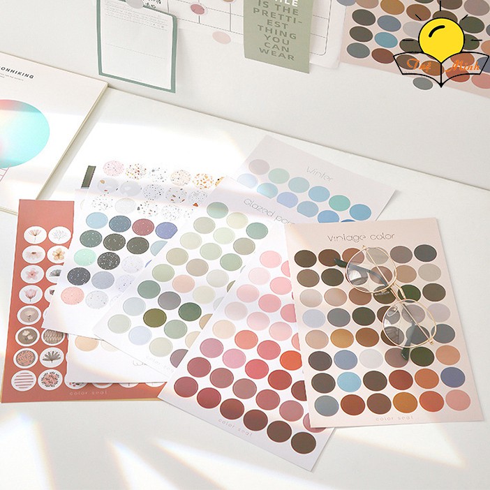  Set 48 sticker hình tròn dán trang trí, nhãn dán dot dán Bullet journal, điện thoại