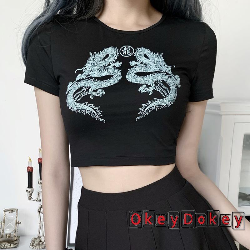 Áo croptop ngắn tay in hình rồng cá tính thời trang cho nữ y2k
