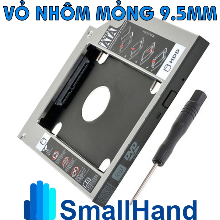 Caddy Bay nhôm 9.5mm - Sata3 cho SSD và HDD 2,5” – Khay ổ cứng thay thế ổ DVD