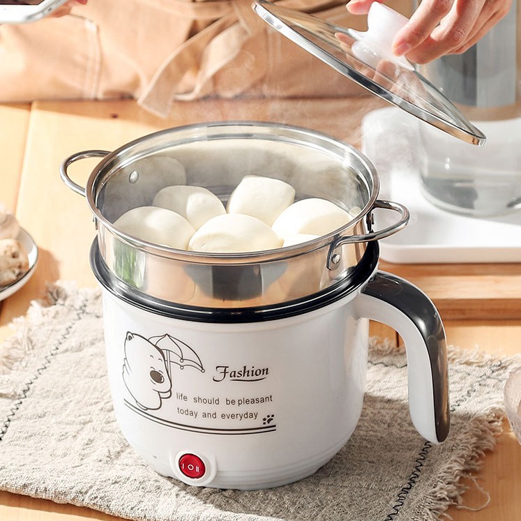 Ca Nấu Mì, Nấu Cơm Đa Năng Có Tay Cầm 1,8L - Nồi Lẩu Điện Mini Kèm Giá Hấp Inox