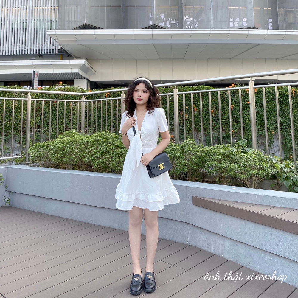 Váy thắt nơ ngực dáng xoè bèo bồng bềnh xanh trắng tiểu thư Hàn Quốc xixeoshop - v109