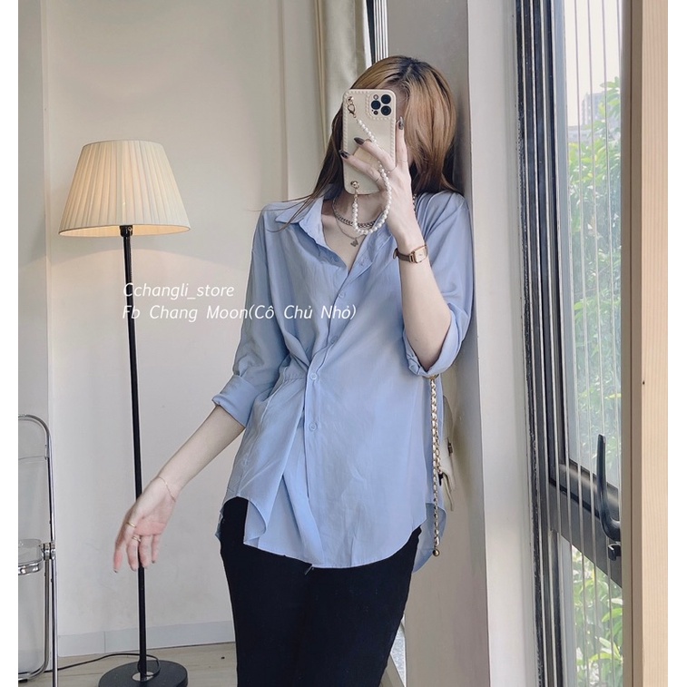 Sơ mi xanh cúc chéo phối quần jean ống đứng(ảnh thật shop chụp) | BigBuy360 - bigbuy360.vn