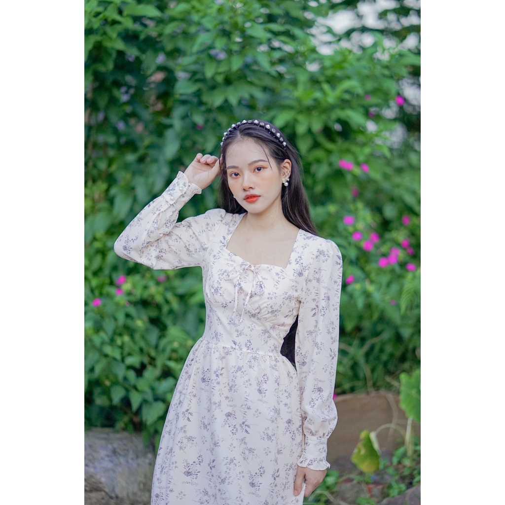 Đầm midi hoa nhí cổ vuông nơ ngực tay phồng phối nút ngọc tiểu thư phong cách Pháp - Lilya dress