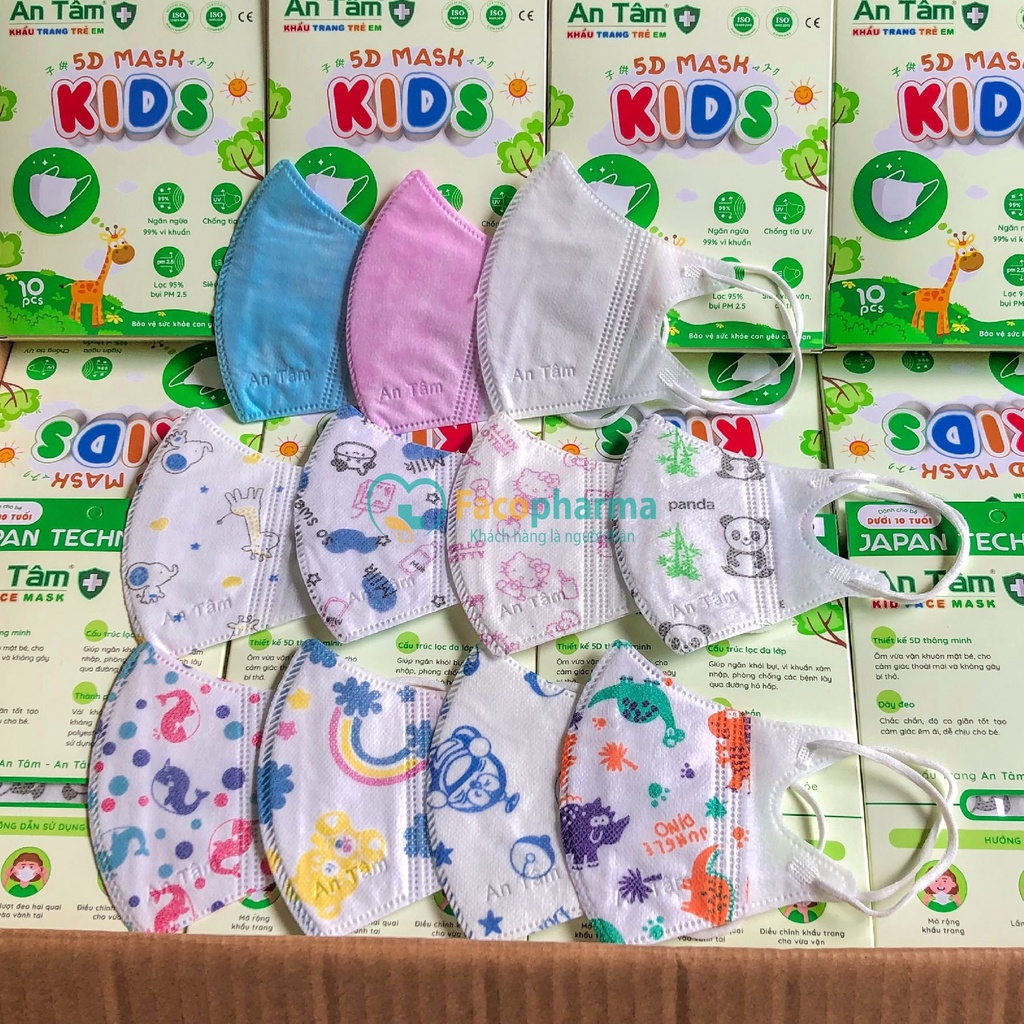 Khẩu trang cho bé 3 tuổi đến 8 tuổi bé gái bé trai nhiều họa tiết đáng yêu 5D An Tâm hộp 10 cái AT5DC
