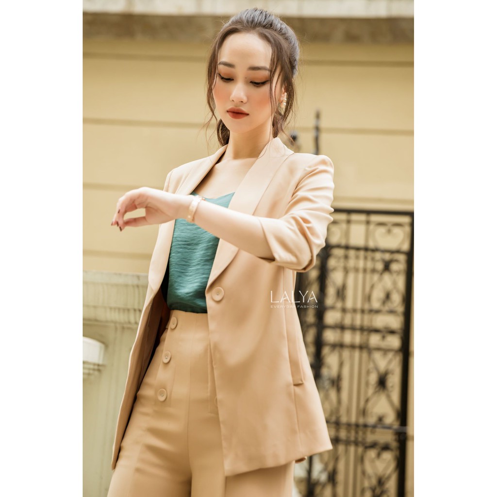 LALYA_Áo Blazer cổ sam túi sườn - Nâu