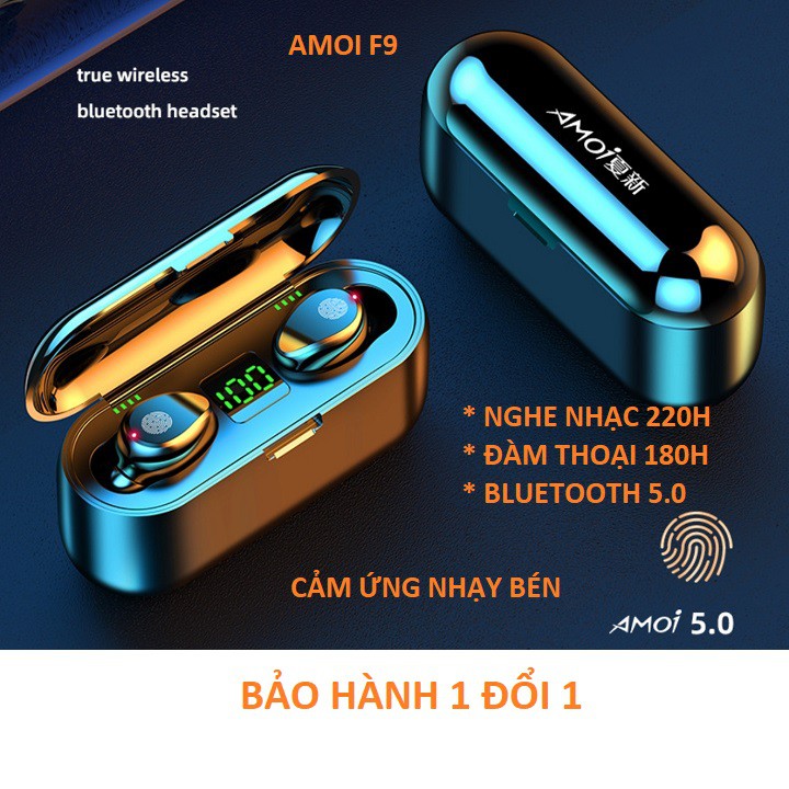 Tai nghe Bluetooth 5.0 true wireless AMOI F9 bản QUỐC TẾ 2020 - nút cảm ứng - Pin 280 giờ - Kèm sạc dự phòng