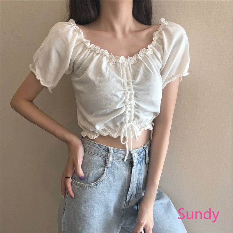 Áo kiểu croptop tay ngắn phối dây rút xinh xắn thời trang dành cho nữ