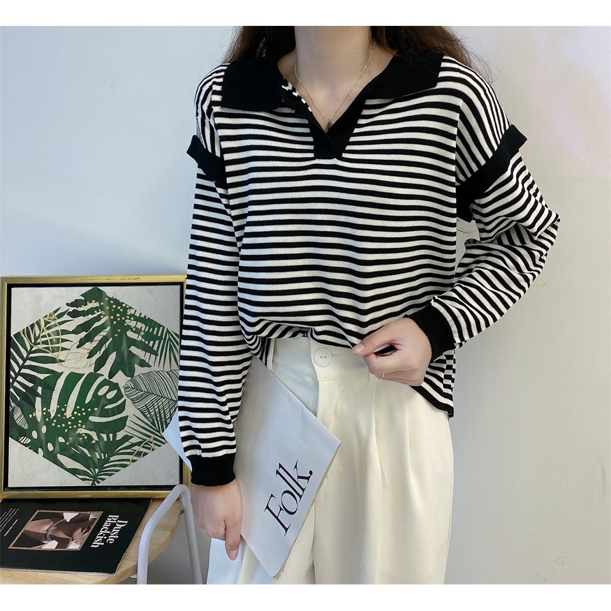 SUXI Áo Dệt Kim Tay Dài Dáng Rộng Kẻ Sọc Kiểu Hàn Quốc Thời Trang Mùa Thu Cho Nữ