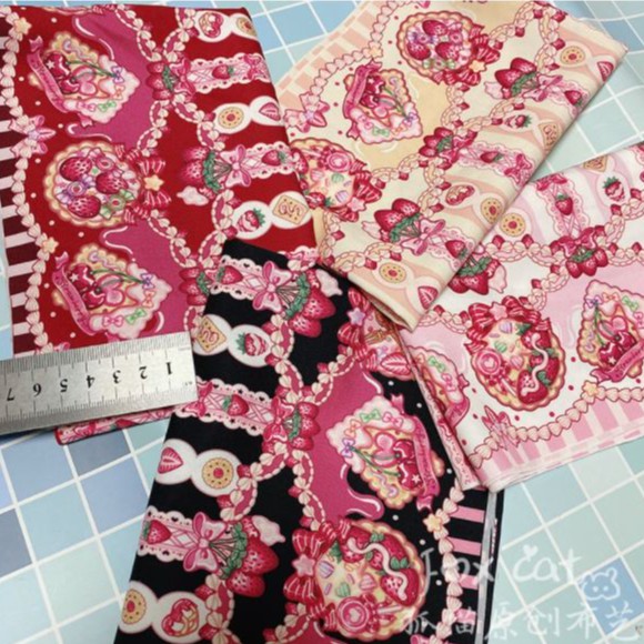 Vải may váy Lolita, váy cho doll, họa tiết candy -dâu tây -cherry ngọt ngào bán theo khoang