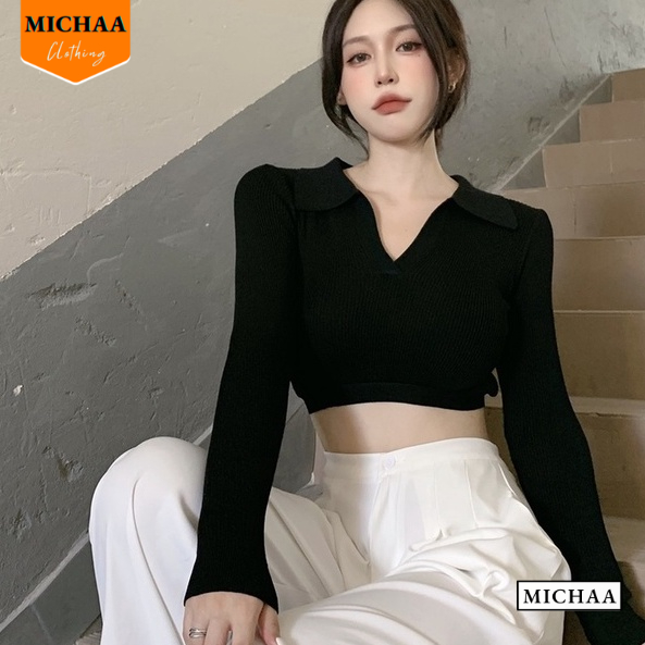Áo Croptop Nữ Tay Dài CỔ BẺ XẺ V Ôm Body, Áo Thun Croptop Kiểu Sexy Chất Thun MICHAA CR68