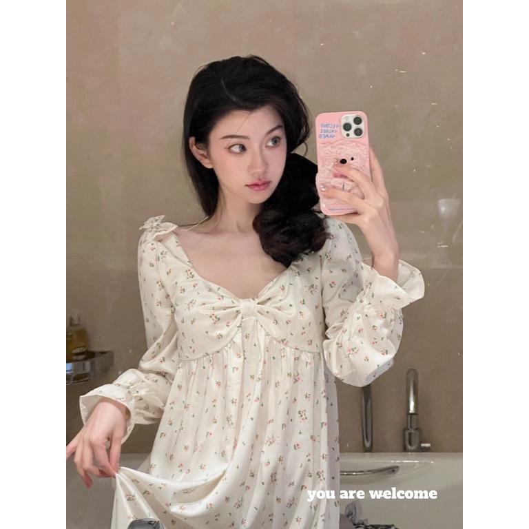 Đồ ngủ Tay Dài Cổ Chữ V Phối Ren In Họa Tiết Hoa Thời Trang Mùa Xuân Mới Xinh Xắn Cho Nữ