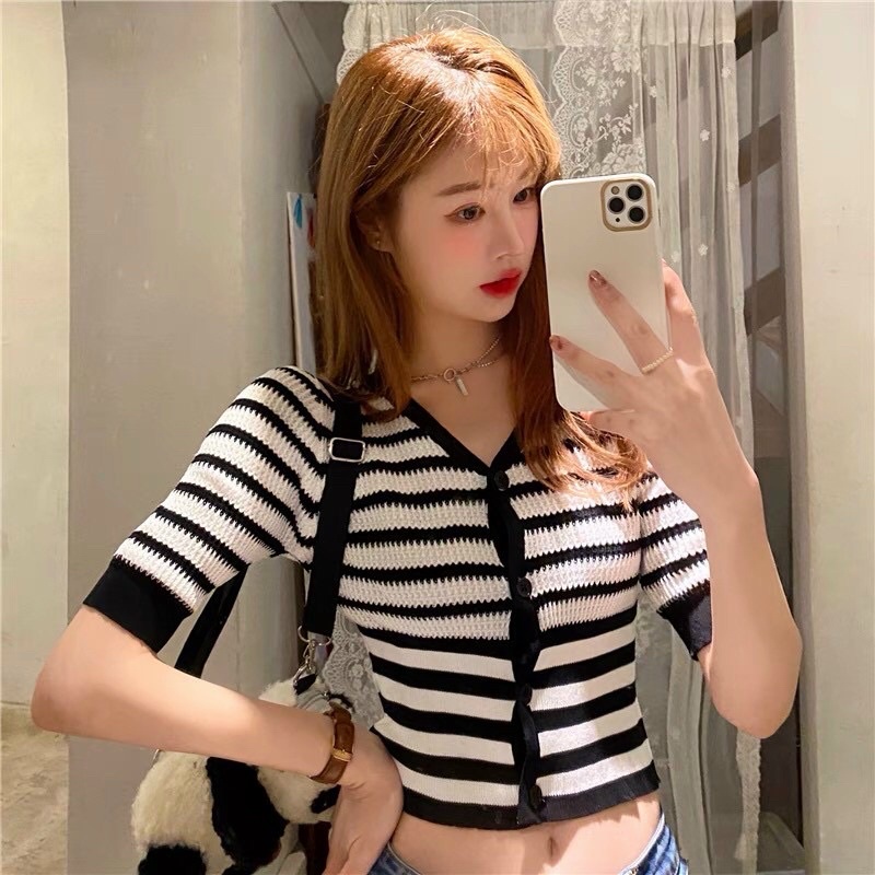 Áo len kẻ tay lỡ cổ viền, Áo kiểu dáng coptop cài cúc AL1301 - NhiNhi Shop