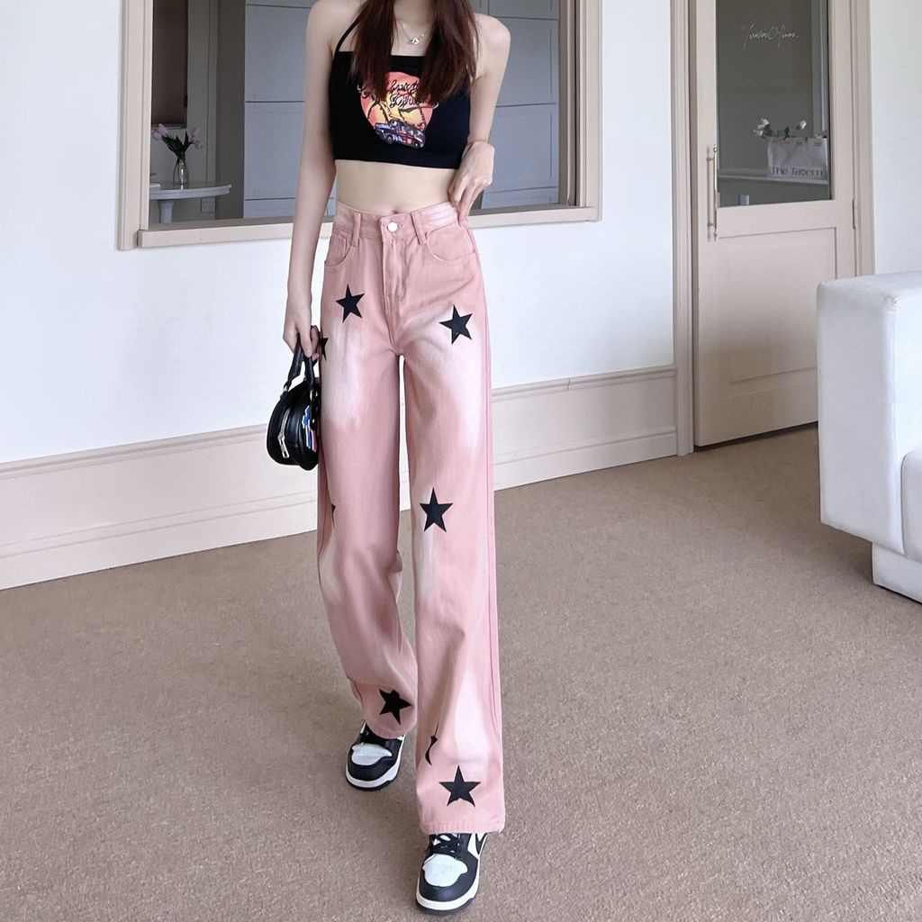 Quần Jean Eo Cao Dáng Rộng In Hình Ngôi Sao Màu Gradient Phong Cách Đường Phố Mỹ Cá Tính Dành Cho Nữ