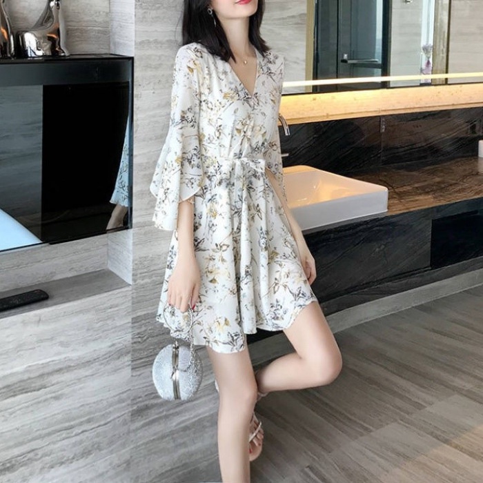 Váy nữ đầm nữ họa tiết hoa tay dài phối bèo V07 | BigBuy360 - bigbuy360.vn