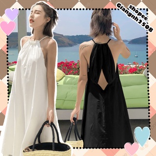 SUV004 váy yếm 2 dây điệu dáng dài qua gối nữ Đầm đen trắng maxi tiểu thư bánh bèo 2s nữ tính 3 lỗ cổ bèo suông xòe hot