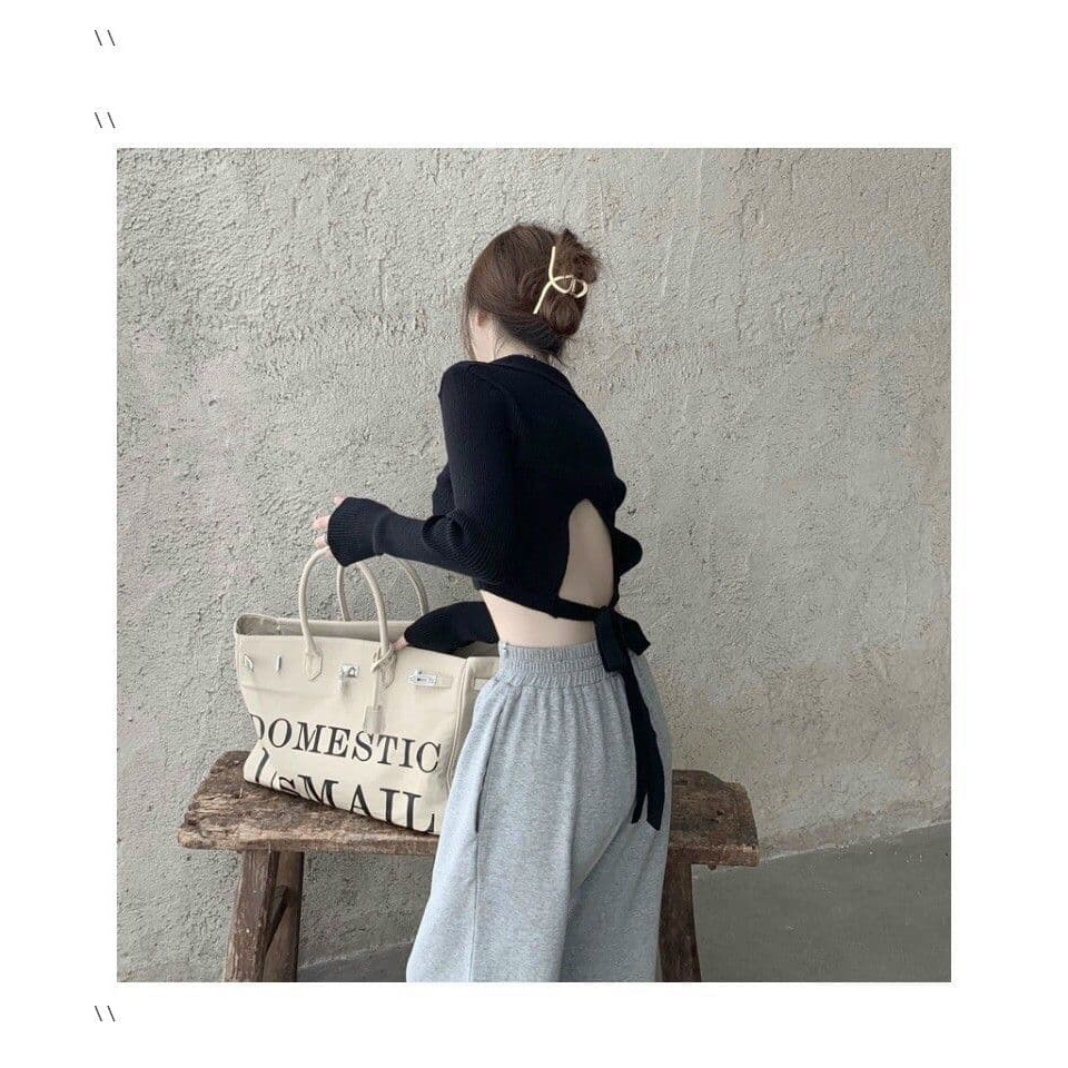 Áo ôm tay dài, croptop, cổ V, hở lưng, phía sau cột dây quyến rũ, tay lửng, ÁO GÂN CỔ BẺ CỘT NƠ LƯNG