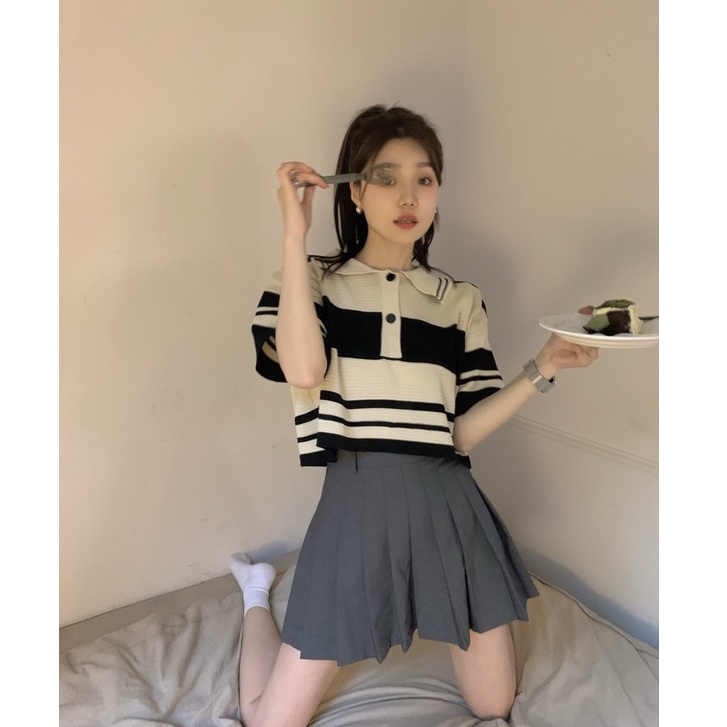 Áo polo Họa Tiết Sọc Phong Cách Hàn Quốc Thời Trang Cho Nữ