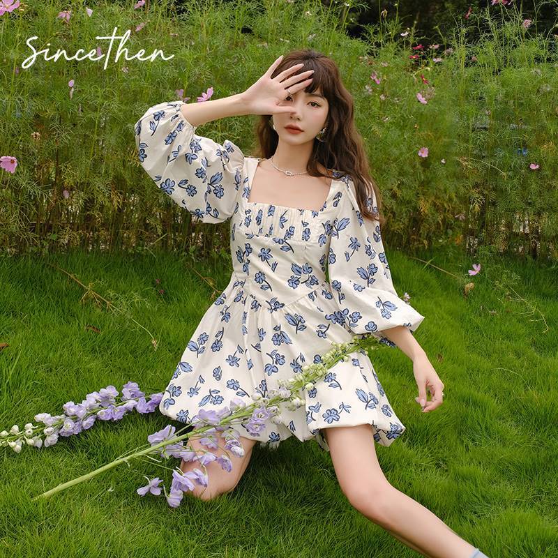 [VIDEO/ ẢNH THẬT] Đầm Váy Phồng Hoa Xanh Cổ Vuông Kiểu Cổ Điển | BigBuy360 - bigbuy360.vn