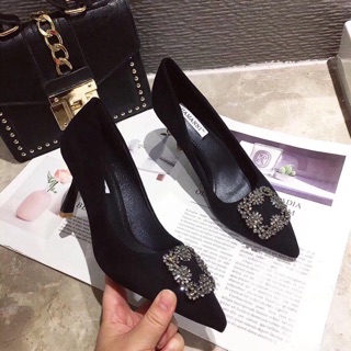 Giày cao đen gót nơ đá gót nhọn 5cm cực đẹp