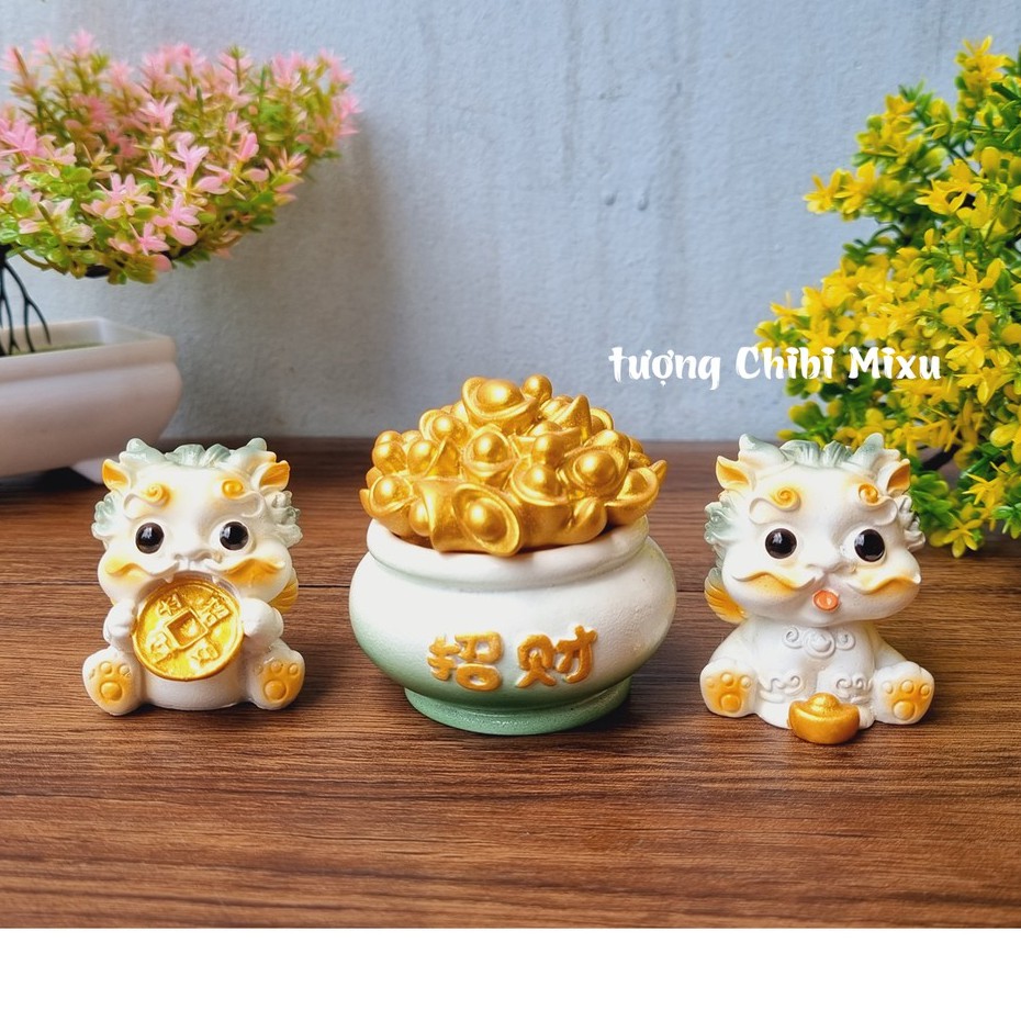 Cặp Kỳ Lân nhỏ kèm chậu vàng may mắn - màu trắng