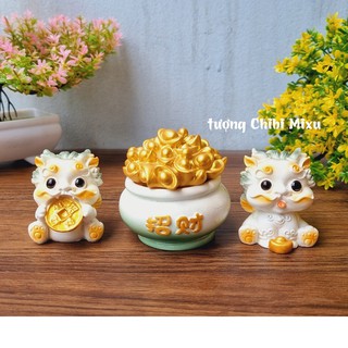 Cặp Kỳ Lân nhỏ kèm chậu vàng may mắn - màu trắng