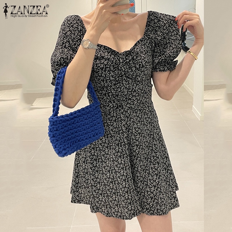 ZANZEA Đầm Tay Phồng Cổ Vuông Phối Dây Rút In Họa Tiết Thời Trang Cho Nữ