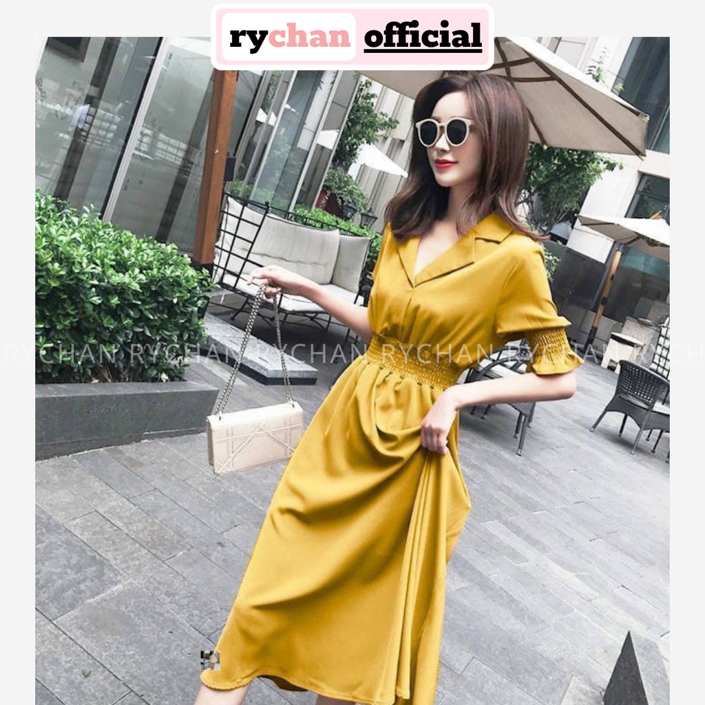 Đầm Xòe Midi Cổ Sơ Mi Eo Chun Tay Phồng Viền Bèo - DX0057