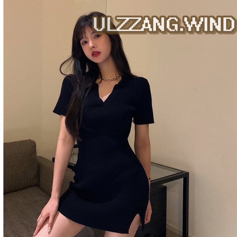 Đầm len body có cổ xẻ tà Ulzzang basic