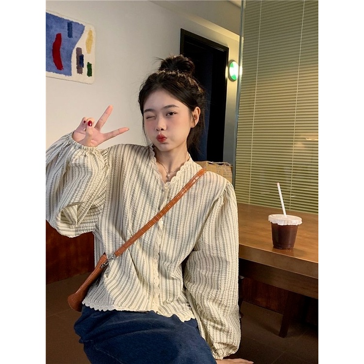 Áo Sơ Mi Tay Dài Dáng Rộng Cổ Chữ V Phối Ren Thời Trang Mùa Thu Hàn Quốc 2022