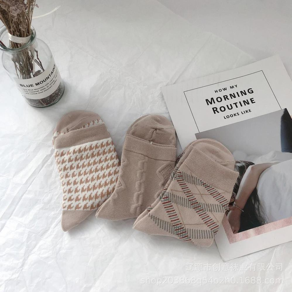 Tất cổ cao nữ In hình Họa tiết Kẻ sọc Houndstooth Dễ thương Hàn Quốc Vớ cao cổ nữ Cute Cotton Thu Đông Nhật Bản